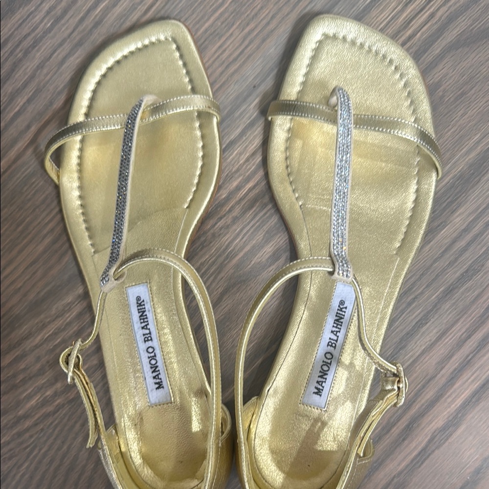 Manolo Blahnik Gold Sandals with Silver stones Accents